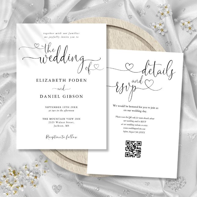 Convite de Casamento Código QR Preto e Branco Hear (Heart Script Black And White QR Code Wedding Invitation)