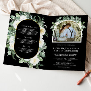 Convite de Casamento Código QR Preto Floral Marfim