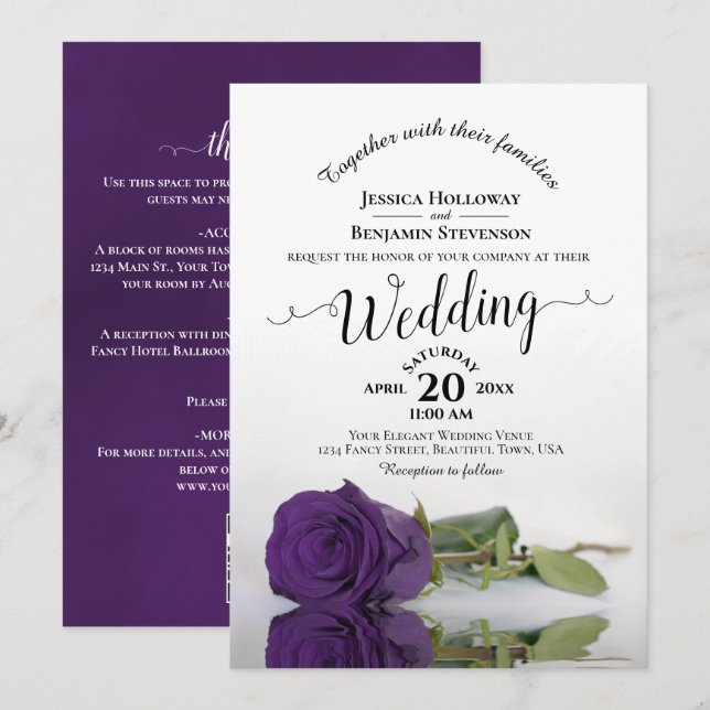 Convite de Casamento Código QR Rosa Roxa Caligrafi (Frente/Verso)