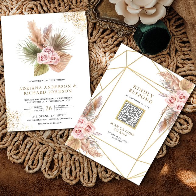 Convite de Casamento Código QR Rosas Pampas Poeira (Criador carregado)