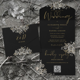 Convite de Casamento Código QR Rosas Pretas e Dour
