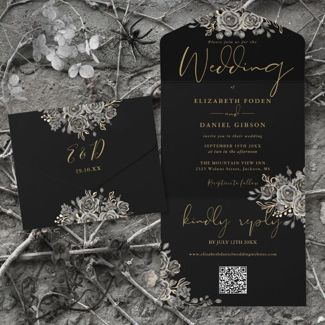 Convite de Casamento Código QR Rosas Pretas e Dour (Gothic Black And Gold Roses QR Code Wedding All In One Invitation)