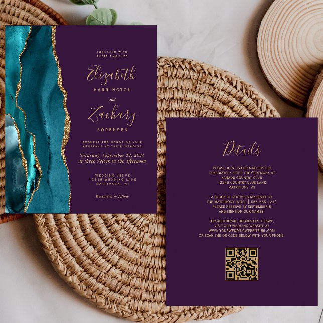 Convite de Casamento Código QR Roxo Ágata Dourada  (Criador carregado)