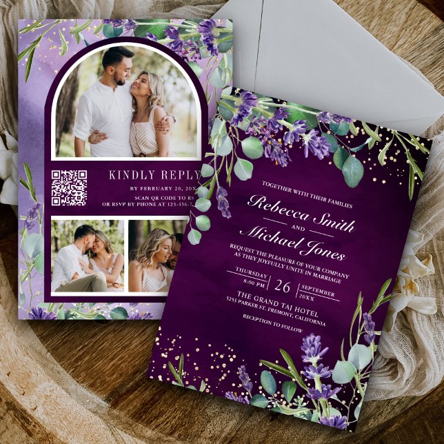 Convite de Casamento Código QR Roxo Foto Lavanda E (Criador carregado)