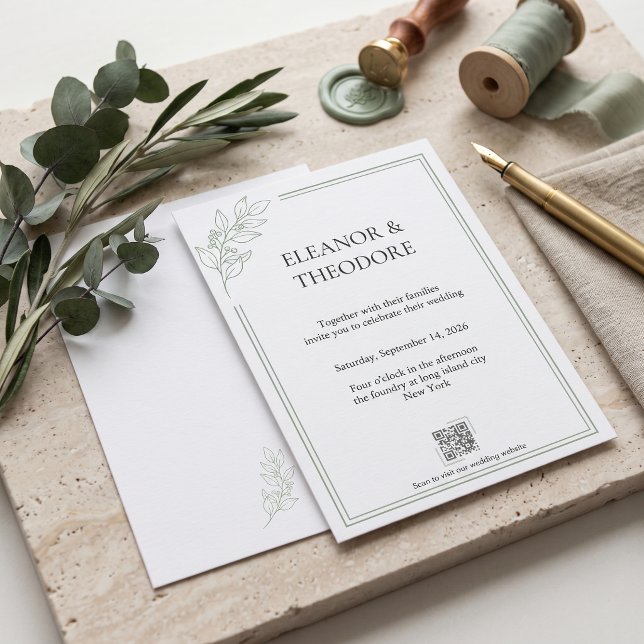 Convite de Casamento Código QR Sage Green Quiet Lu (Sage Green Quiet Luxury QR Code Wedding Invitation)