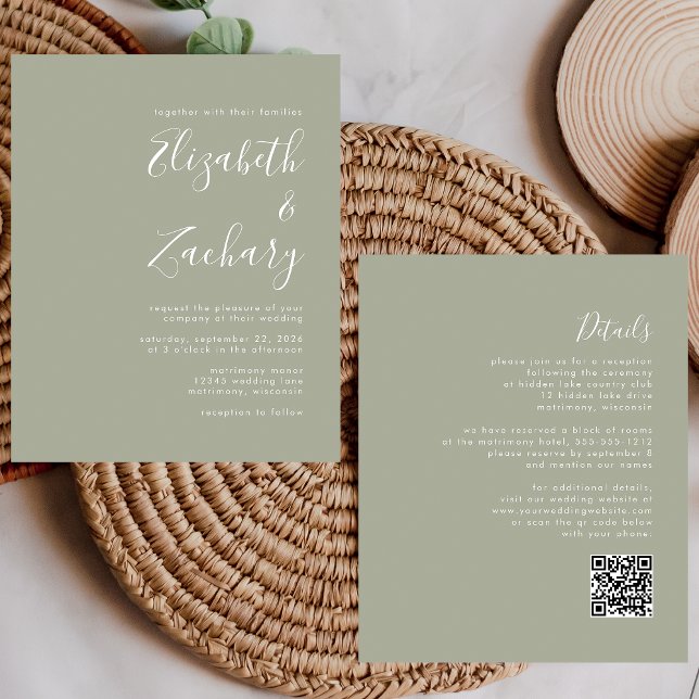 Convite de Casamento Código QR Sage Verde Roteiro  (Criador carregado)