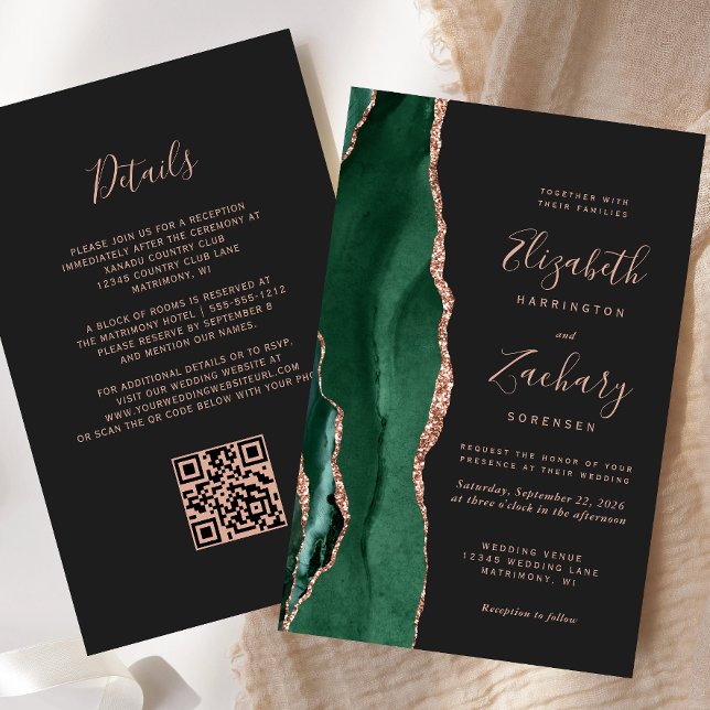 Convite de Casamento Código QR Verde Rosa Dourado  (Criador carregado)