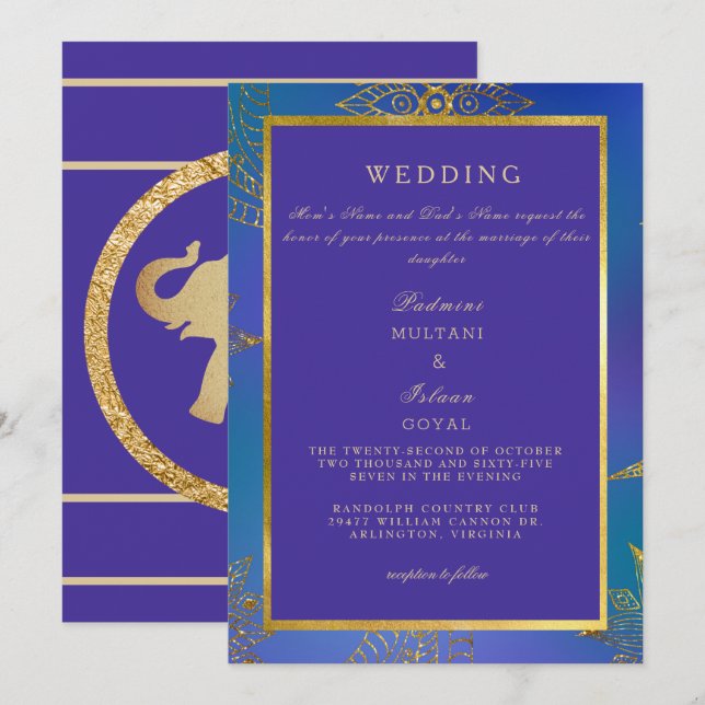 Convite de Casamento Colorido Azul Real e Dourado (Frente/Verso)