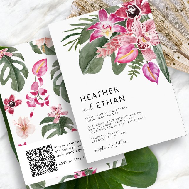Convite de Casamento Colorido Tropical (Colorful Tropical Watercolor Floral Wedding Invitation QR Code by Painted Paperie
)