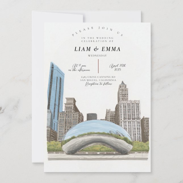 Convite de Casamento com a Silhueta de Chicago Ill (Frente)