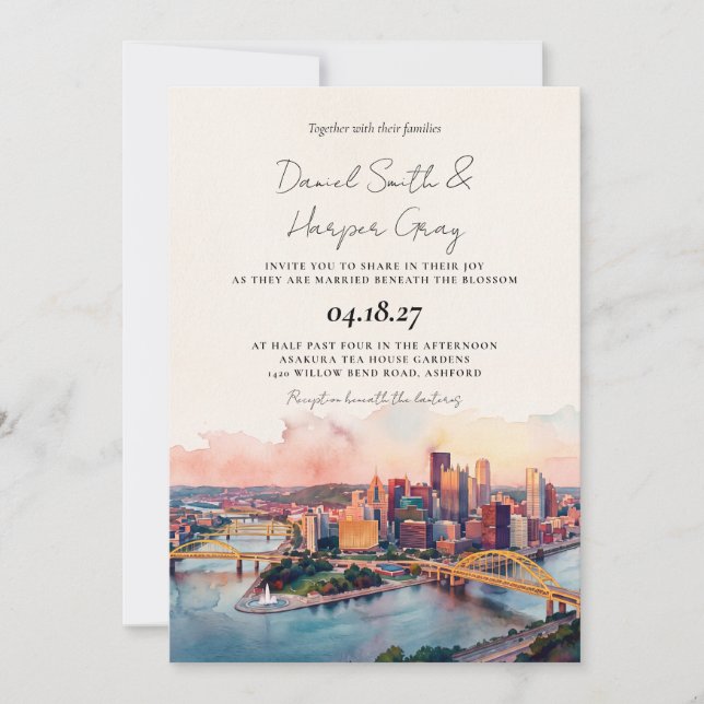 Convite de Casamento com a Silhueta de Pittsburgh (Frente)