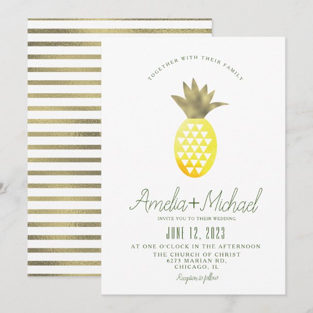 Convite de Casamento com Abacaxi em Aquarela e Fol (Frente/Verso)