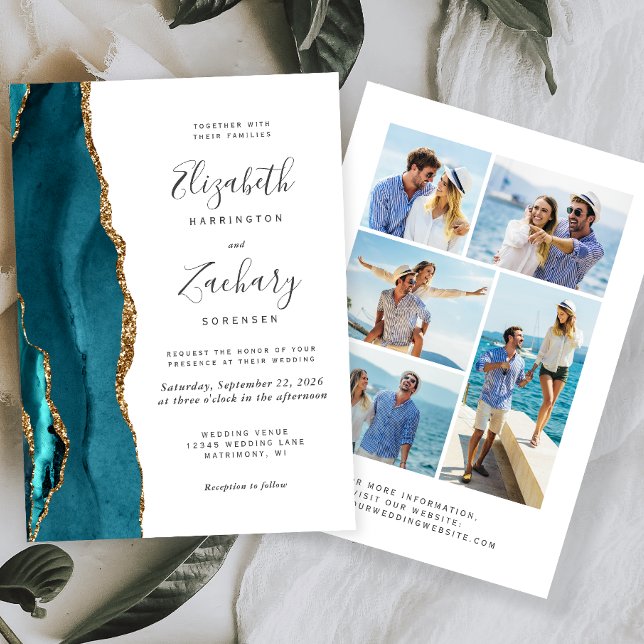 Convite de Casamento com Ágata Azul Teal Dourada 5 (Criador carregado)