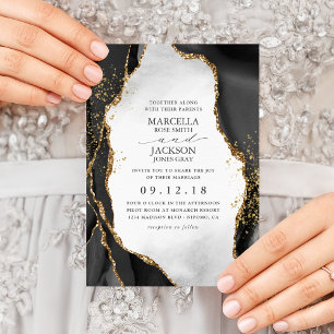 Convite de Casamento com Ágata Névoa Preta, Dourad