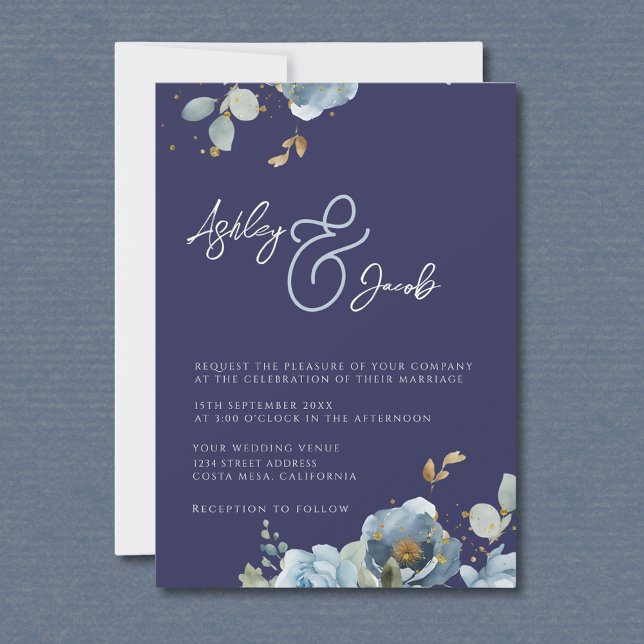 Convite de Casamento com Ampersand Floral Azul Ele (Criador carregado)