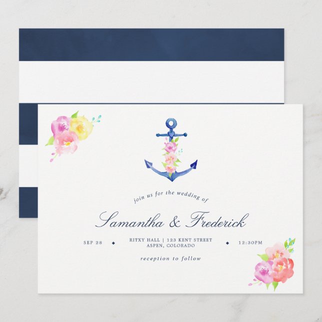 Convite de Casamento com Âncora em Tema Náutico em (Frente/Verso)