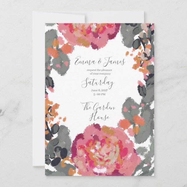 Convite de Casamento com Aquarela Botânica, Flor S (Frente)