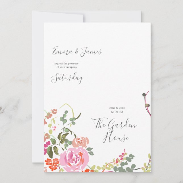 Convite de Casamento com Aquarela Botânica, Flor S (Frente)