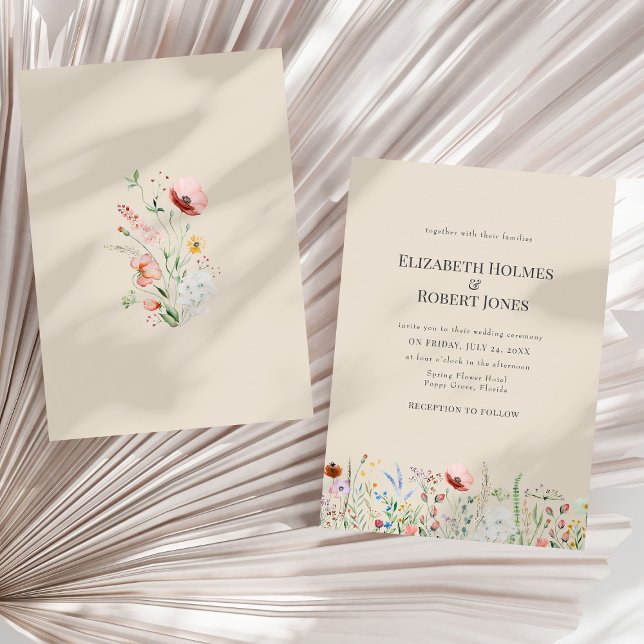 Convite de Casamento com Aquarela de Flor Silvestr (Taupe Watercolor Wildflower Wedding Invitation on a sunny neutral dry palm leaf.)