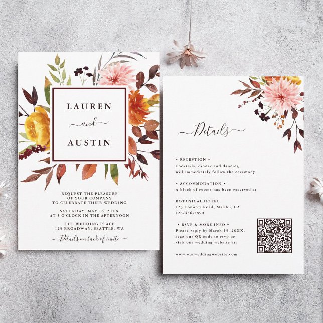 Convite de Casamento com Aquarela de Jardim de Out (Front & Back)
