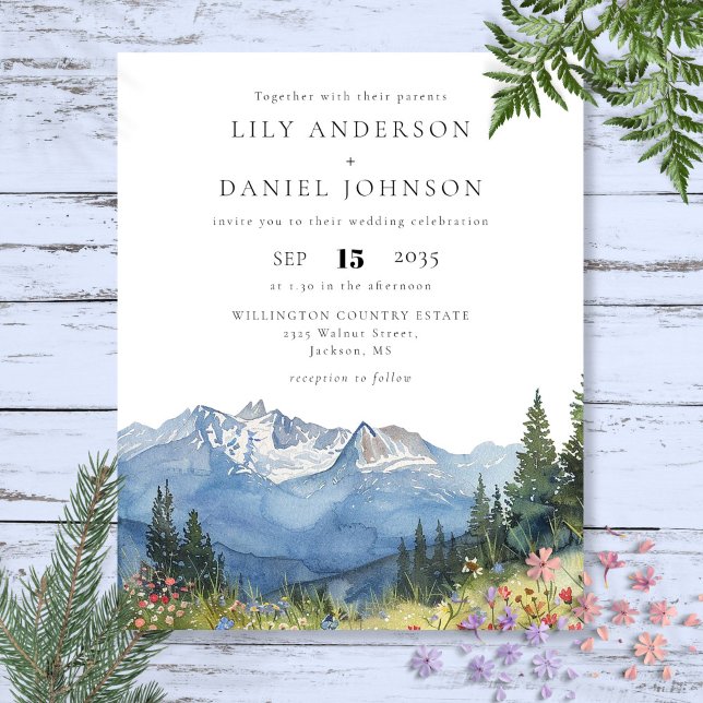 Convite de Casamento com Aquarela de Montanha dent (Budget Watercolor Mountain Wedding Invitation)