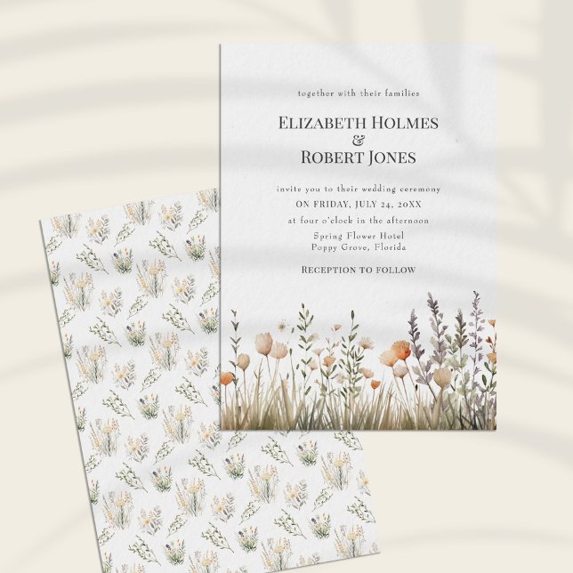 Convite de Casamento com Aquarela de Pêssego de Fl (Peach Watercolor Wildflower Wedding Invitation on a sunny white table.)