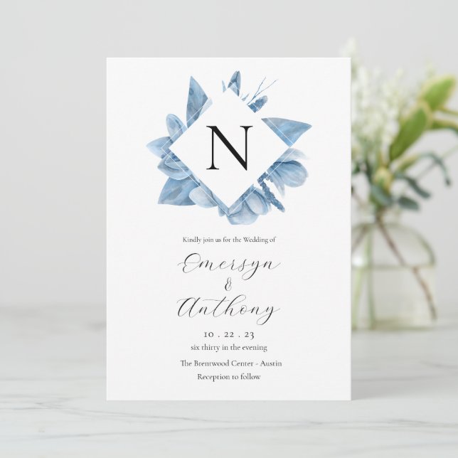 Convite de Casamento com Aquarela Floral Azul Mono (Em pé/Frente)