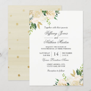 Convite de Casamento com Aquarela Floral Dourada E