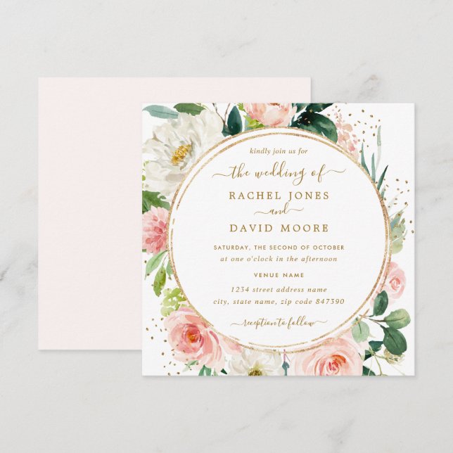 Convite de Casamento com Aquarela Floral em Ouro R (Frente/Verso)