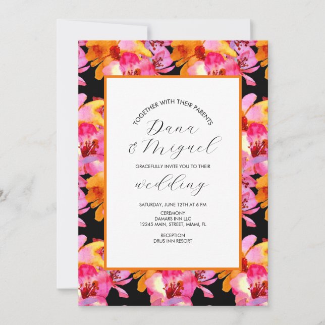 Convite de Casamento com Aquarela Floral Laranja B (Frente)