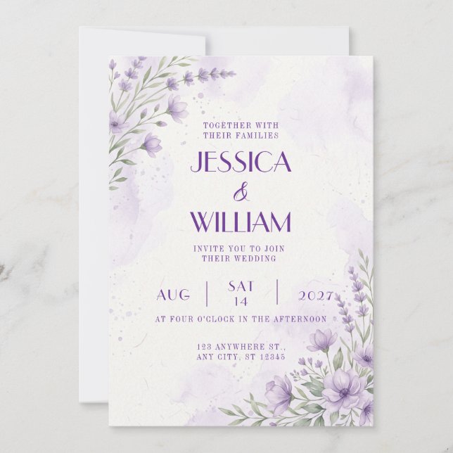 Convite de Casamento com Aquarela Floral Lavanda (Frente)