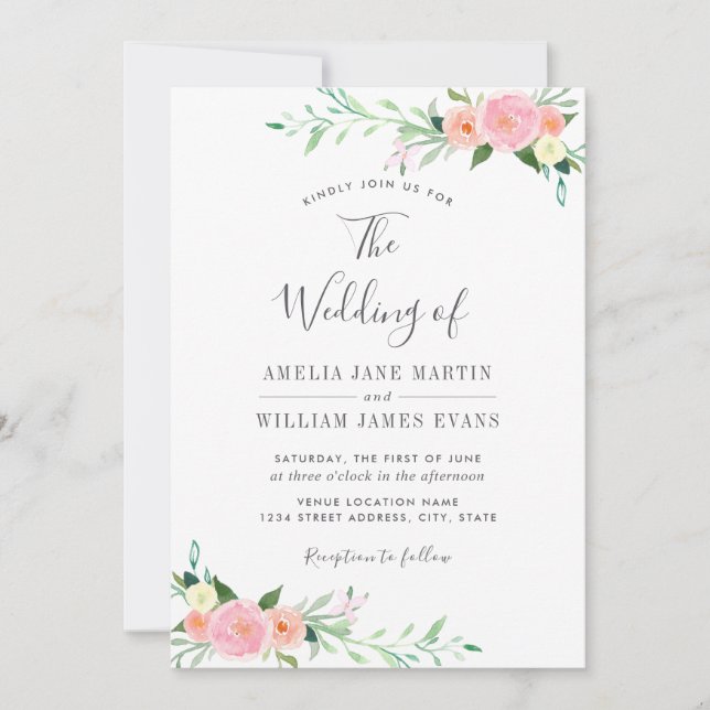 Convite de Casamento com Aquarela Floral Rosa Bege (Frente)