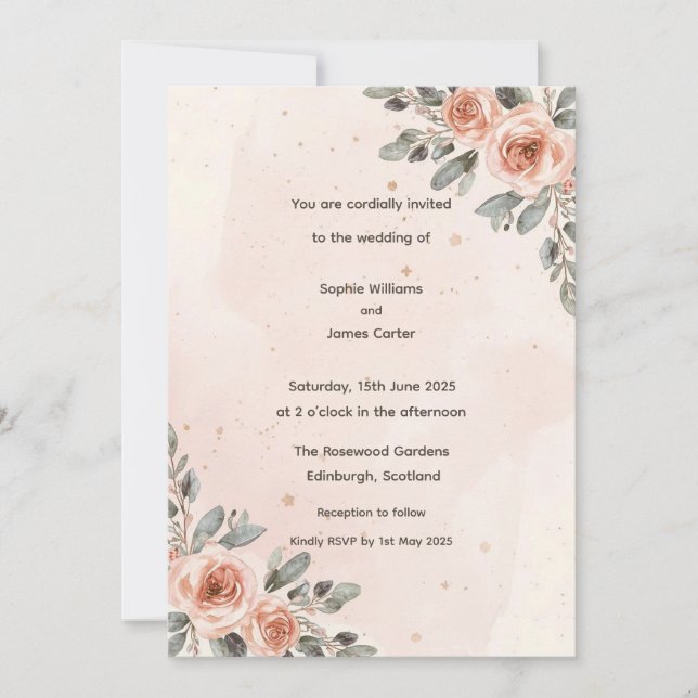 Convite de Casamento com Aquarela Floral Rosa Blus (Frente)