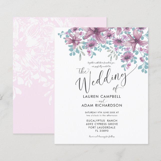 Convite de Casamento com Aquarela Floral Rosa Econ (Frente/Verso)