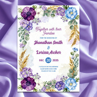 Convite de Casamento com Aquarela Floral Roxa e Az
