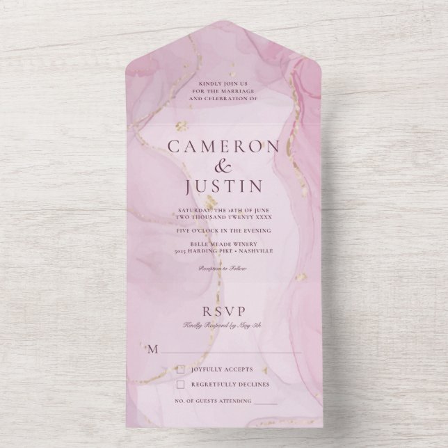 Convite de Casamento com Aquarela Rosa e Dourado T (Interno)