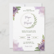 Convite de Casamento com Aquarela Roxa e Verde