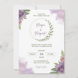 Convite de Casamento com Aquarela Roxa e Verde