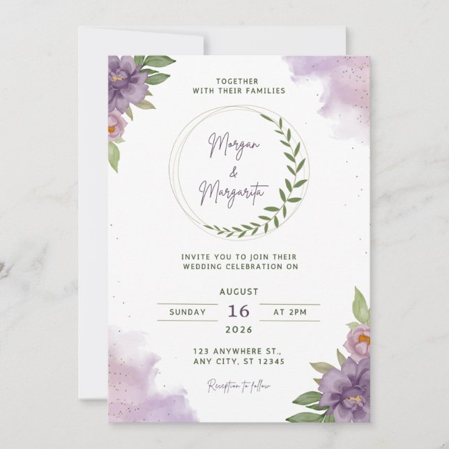Convite de Casamento com Aquarela Roxa e Verde (Frente)