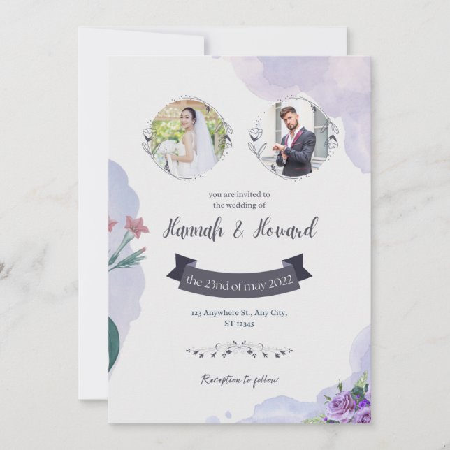 Convite de Casamento com Aquarela Roxo e Branco (Frente)