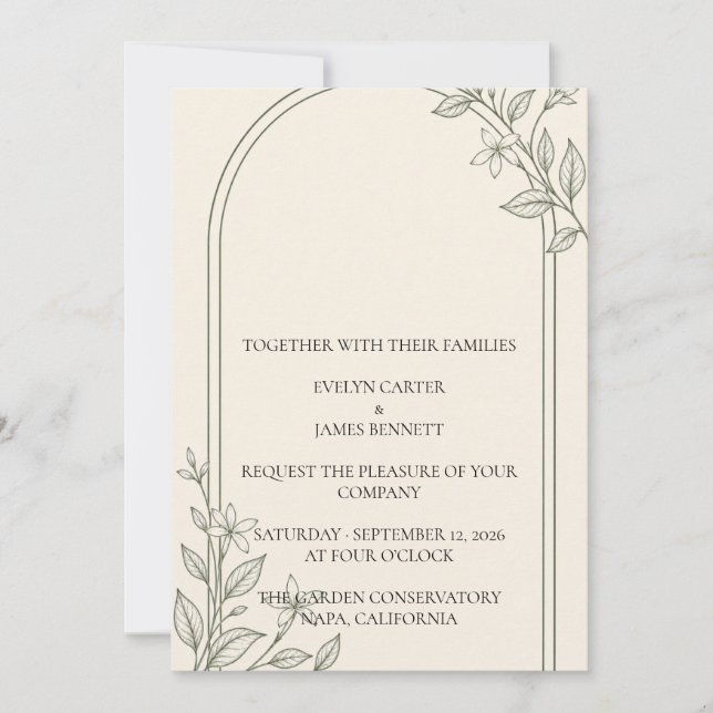 Convite de Casamento com Arco Botânico de Oliveira (Frente)