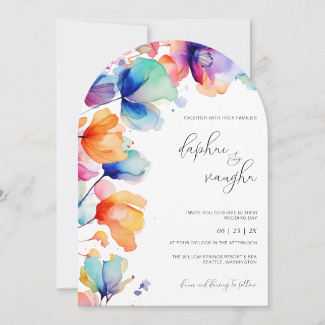 Convite de Casamento com Arco de Aquarela Floral V (Frente)