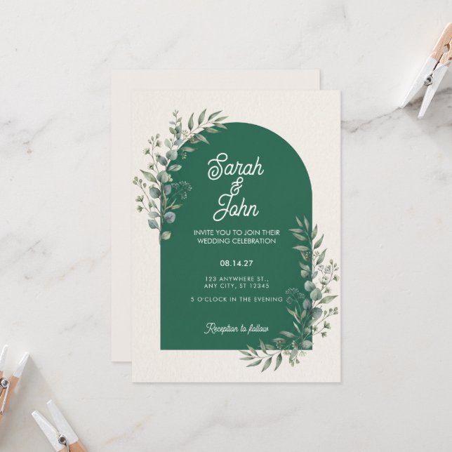 Convite de Casamento com Arco de Eucalipto Verde E (Frente/Verso In Situ)