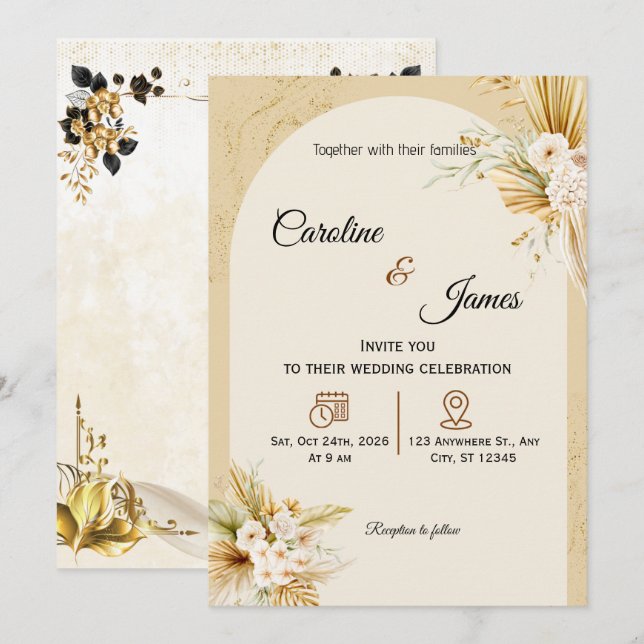 Convite de Casamento com Arco de Grama de Pampas B (Frente/Verso)