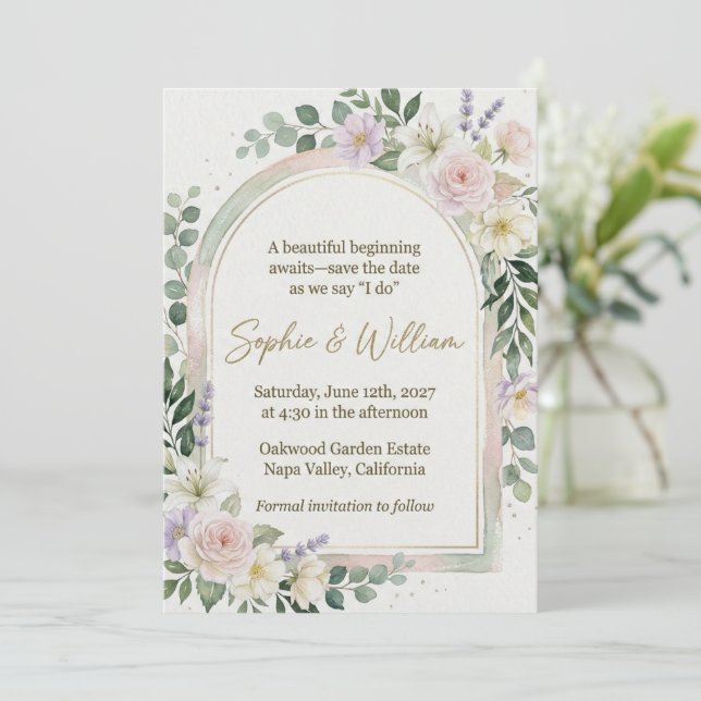 Convite de Casamento com Arco de Jardim em Aquarel (Em pé/Frente)
