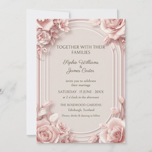 Convite de Casamento com Arco de Rosa Rosa Bege (Frente)
