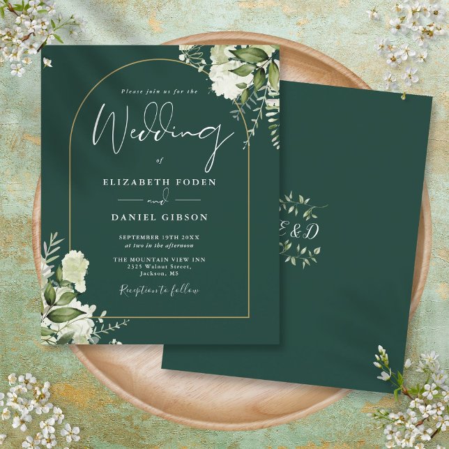 Convite de Casamento com Arco Dourado e Floral Esm (Budget Emerald Floral Gold Arch Wedding Invite)