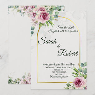 Convite de Casamento com Arco Dourado e Floral Ros