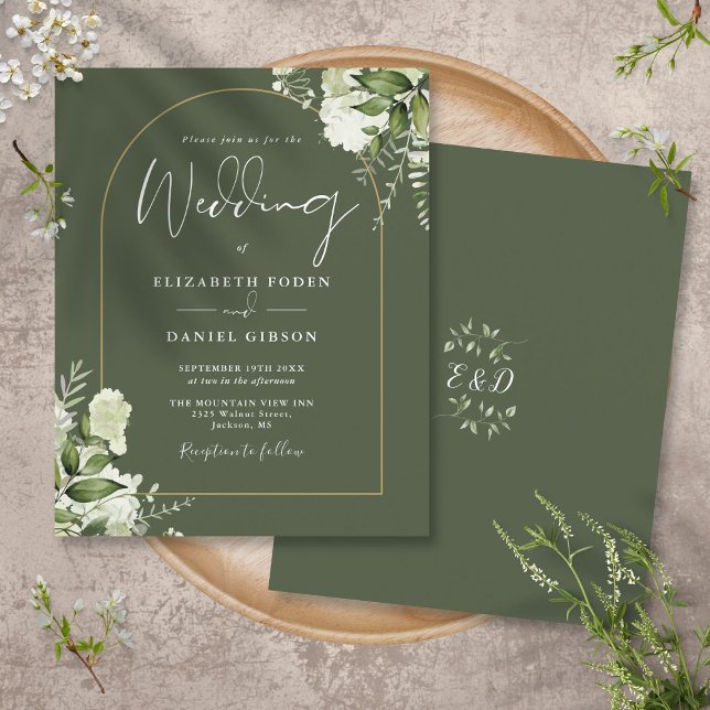 Convite de Casamento com Arco Dourado e Floral Ver (Budget Olive Green Floral Gold Arch Wedding Invite)