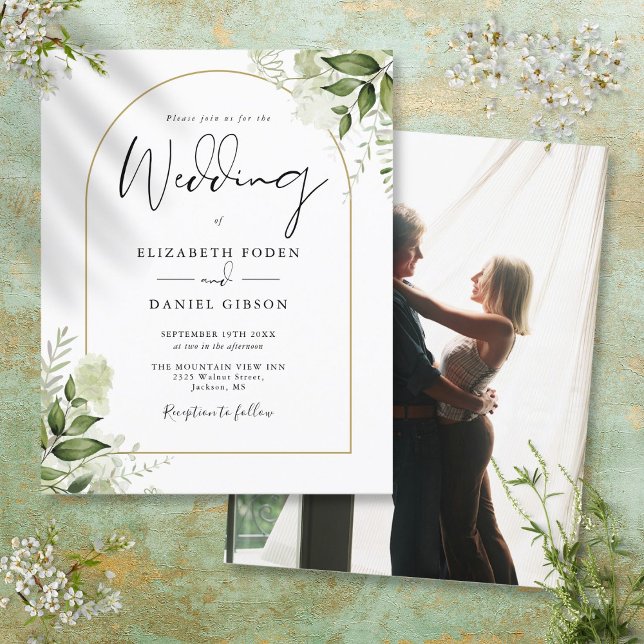 Convite de Casamento com Arco Dourado e Verdura em (Budget Greenery Gold Arch Photo Wedding Invitation)